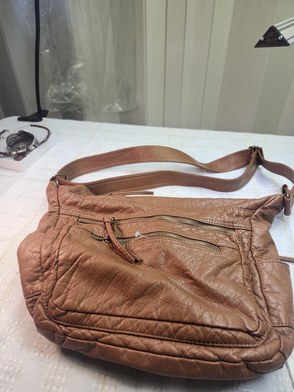 Women's Tan Leather-Look Crossbody Bag with Front Zips